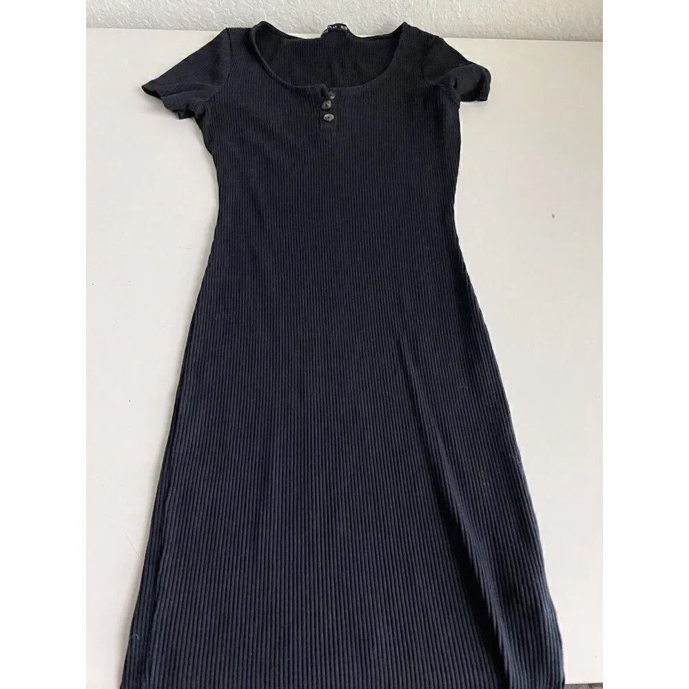 Coton:On Button Front Short Sleeve Ribbed Mini Dress In Black Size XS Check Pic